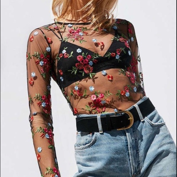 mesh top with embroidered flowers